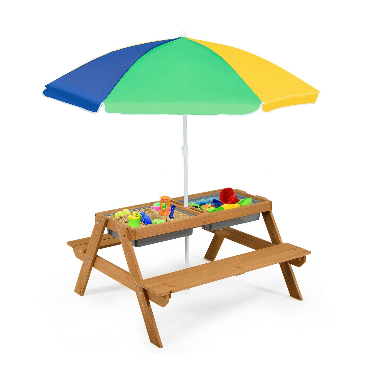 3-in-1 Kids Outdoor Picnic Water Sand Table with Umbrella Play Boxes, Yellow Kids Table & Chair Sets   at Gallery Canada