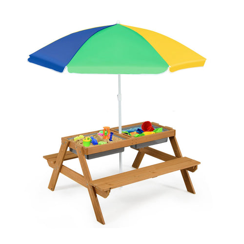 3-in-1 Kids Outdoor Picnic Water Sand Table with Umbrella Play Boxes, Yellow