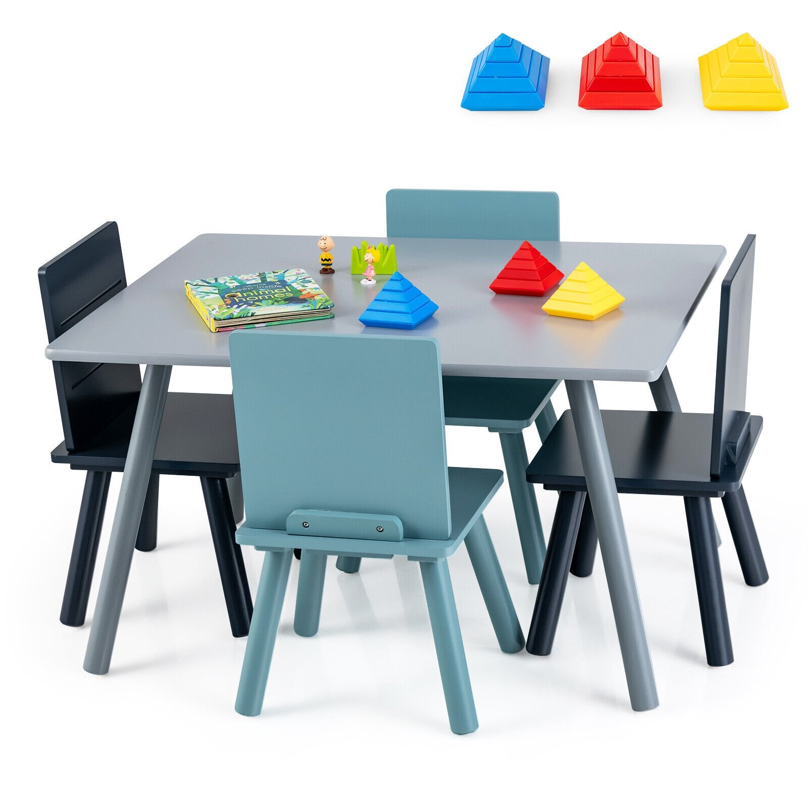 5 Pieces Kids Wooden Activity Play Furniture Set with Building Blocks, Blue - Gallery Canada