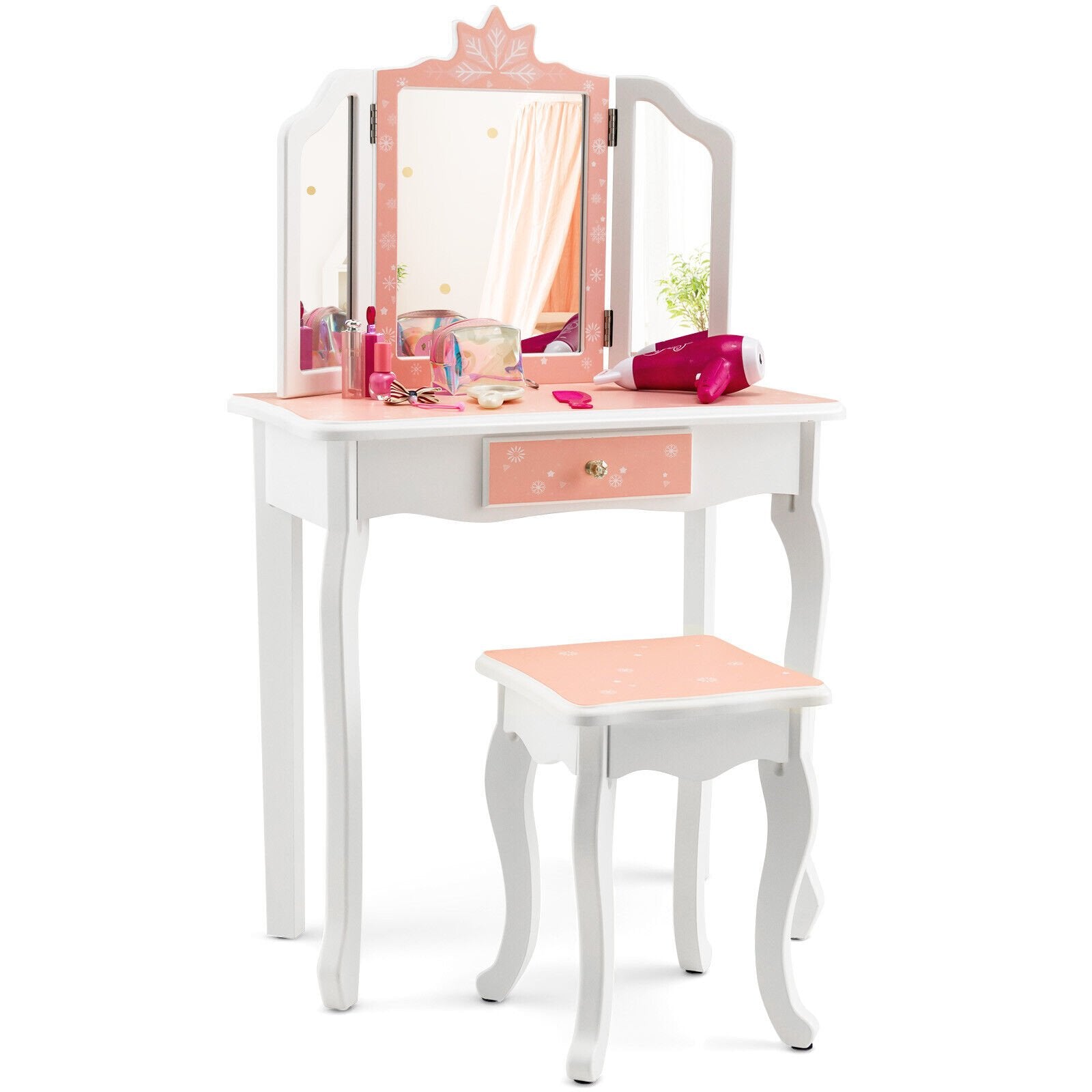 Princess Vanity Table and Chair Set with Tri-Folding Mirror and Snowflake Print, Pink Kids Vanities   at Gallery Canada