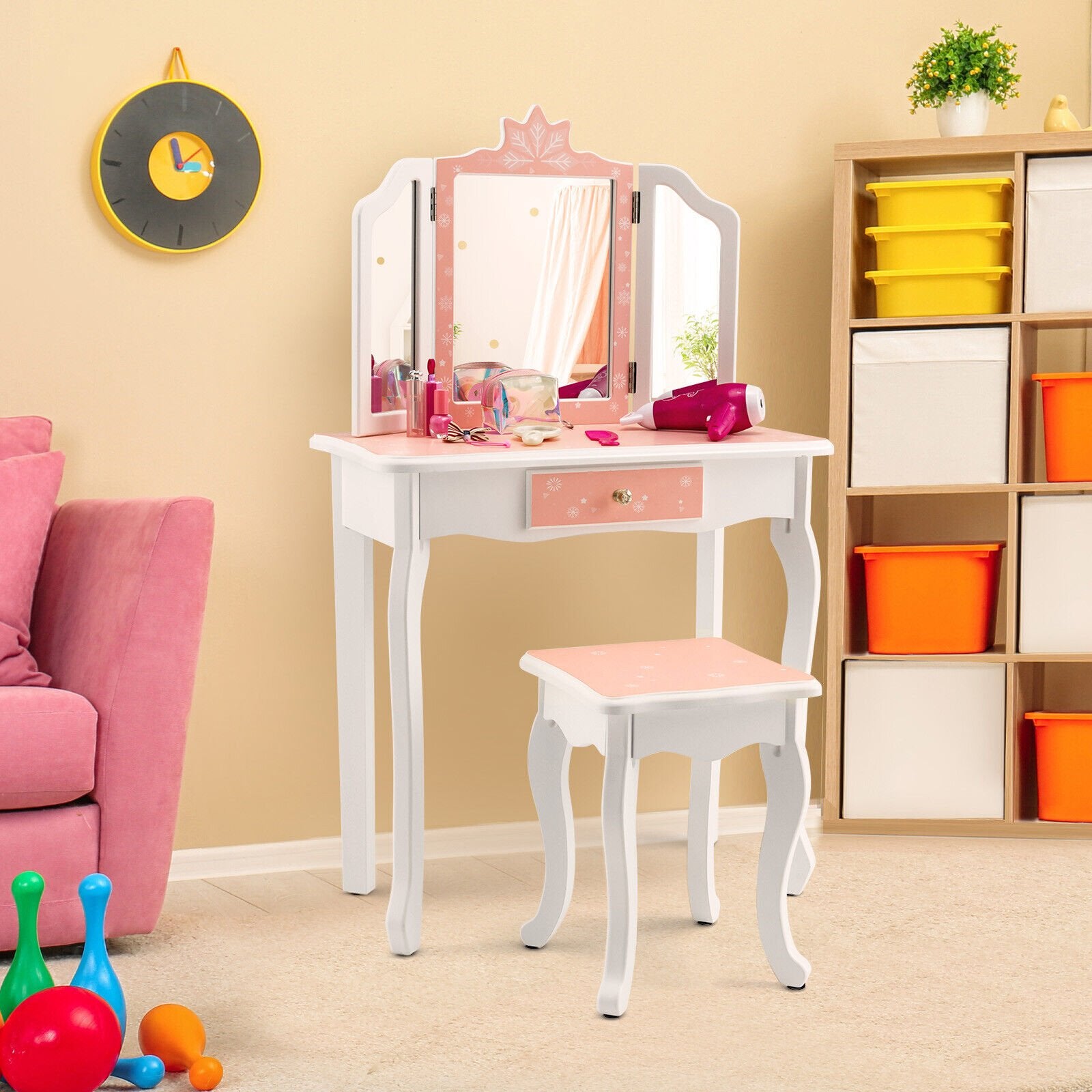 Princess Vanity Table and Chair Set with Tri-Folding Mirror and Snowflake Print, Pink Kids Vanities   at Gallery Canada