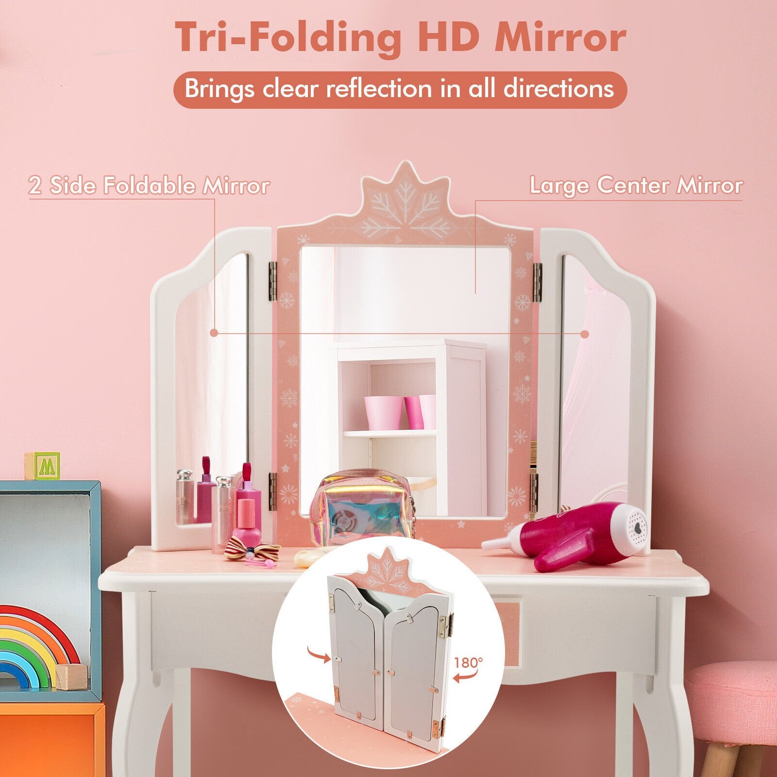 Princess Vanity Table and Chair Set with Tri-Folding Mirror and Snowflake Print, Pink Kids Vanities   at Gallery Canada