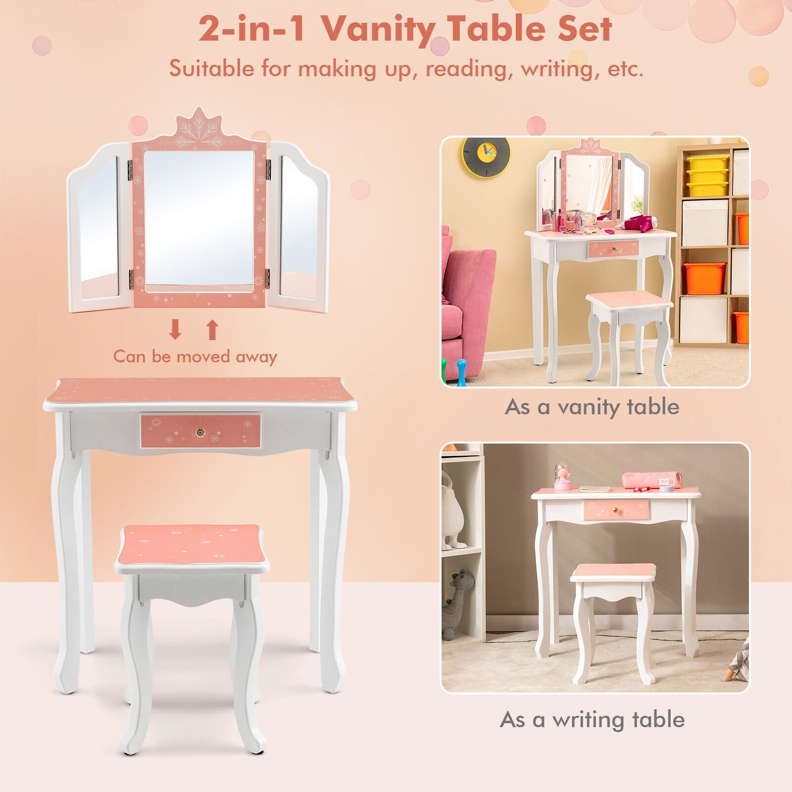 Princess Vanity Table and Chair Set with Tri-Folding Mirror and Snowflake Print, Pink Kids Vanities   at Gallery Canada