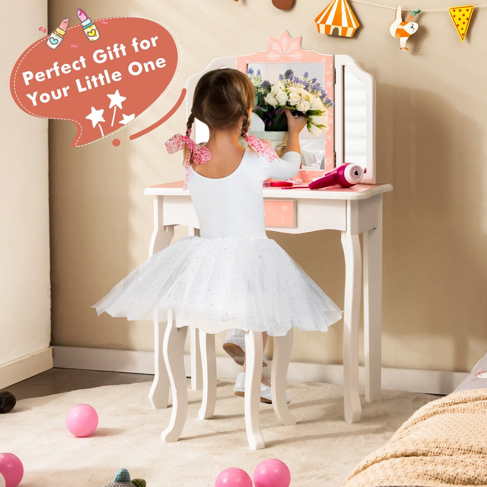 Princess Vanity Table and Chair Set with Tri-Folding Mirror and Snowflake Print, Pink Kids Vanities   at Gallery Canada