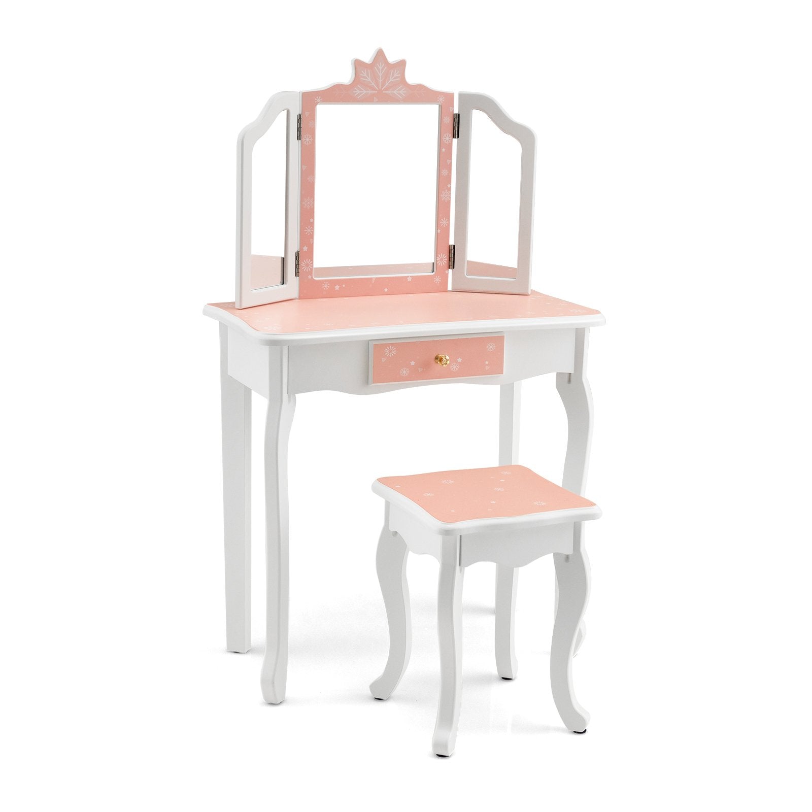 Princess Vanity Table and Chair Set with Tri-Folding Mirror and Snowflake Print, Pink Kids Vanities   at Gallery Canada