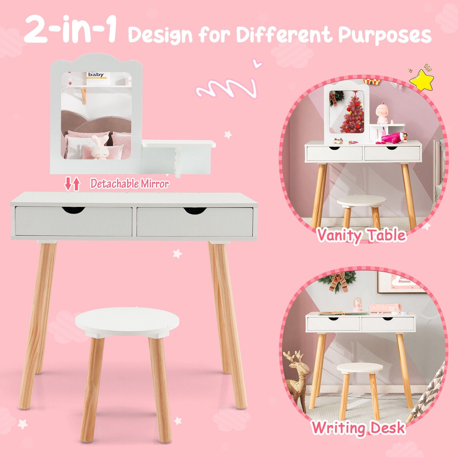 Kid Vanity Table Chair Set with Mirror and 2 Large Storage Drawers, White Kids Vanities   at Gallery Canada