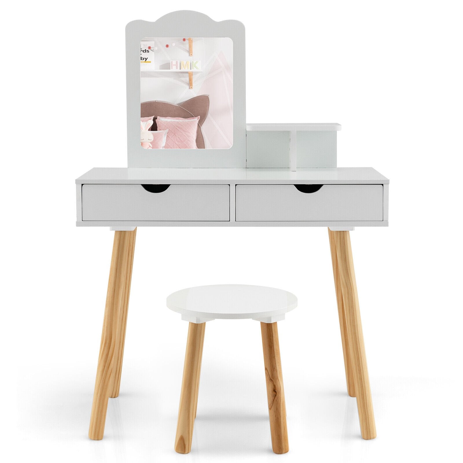 Kid Vanity Table Chair Set with Mirror and 2 Large Storage Drawers, White Kids Vanities   at Gallery Canada