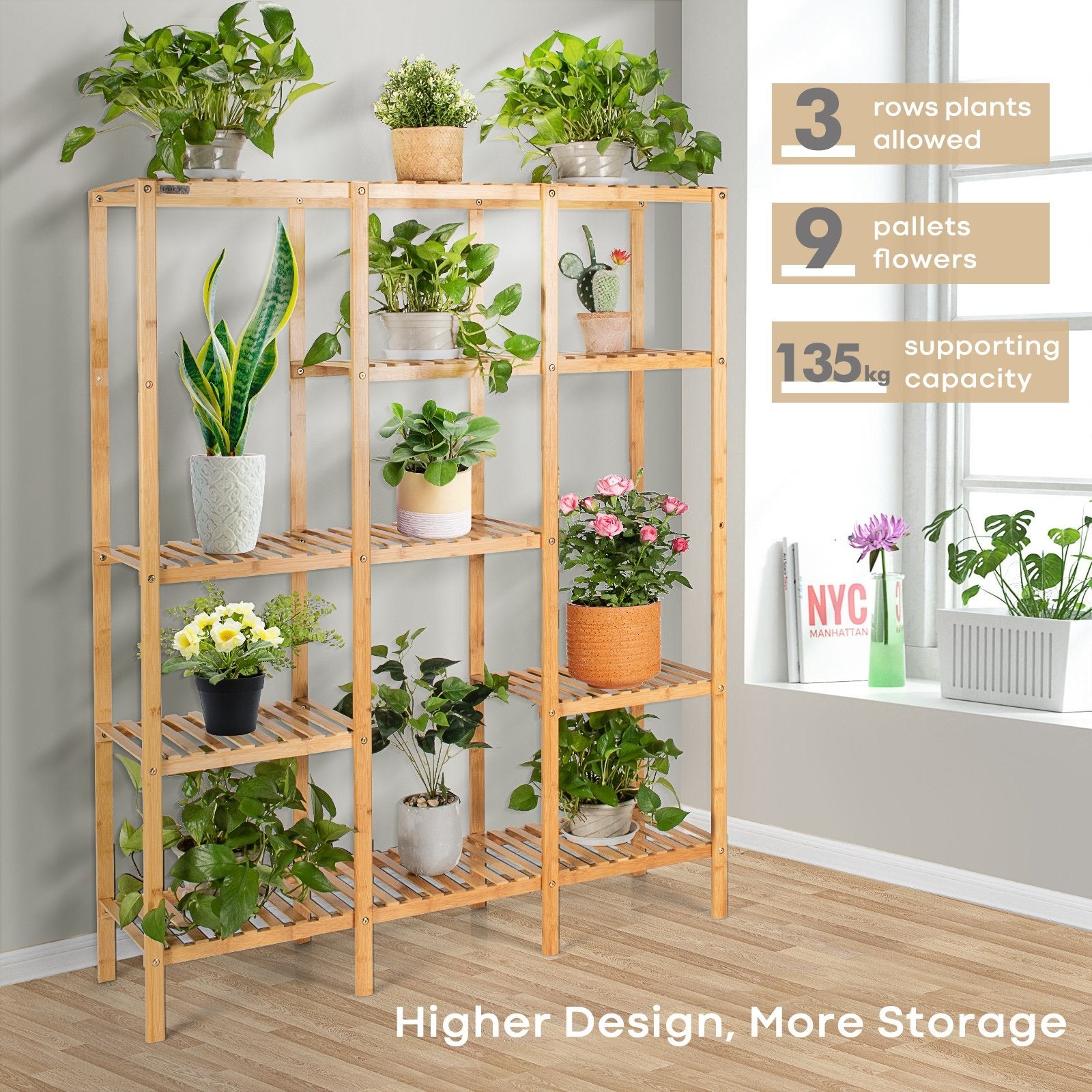 Multifunctional Bamboo Shelf Storage Organizer Rack, Natural Plant Stands   at Gallery Canada