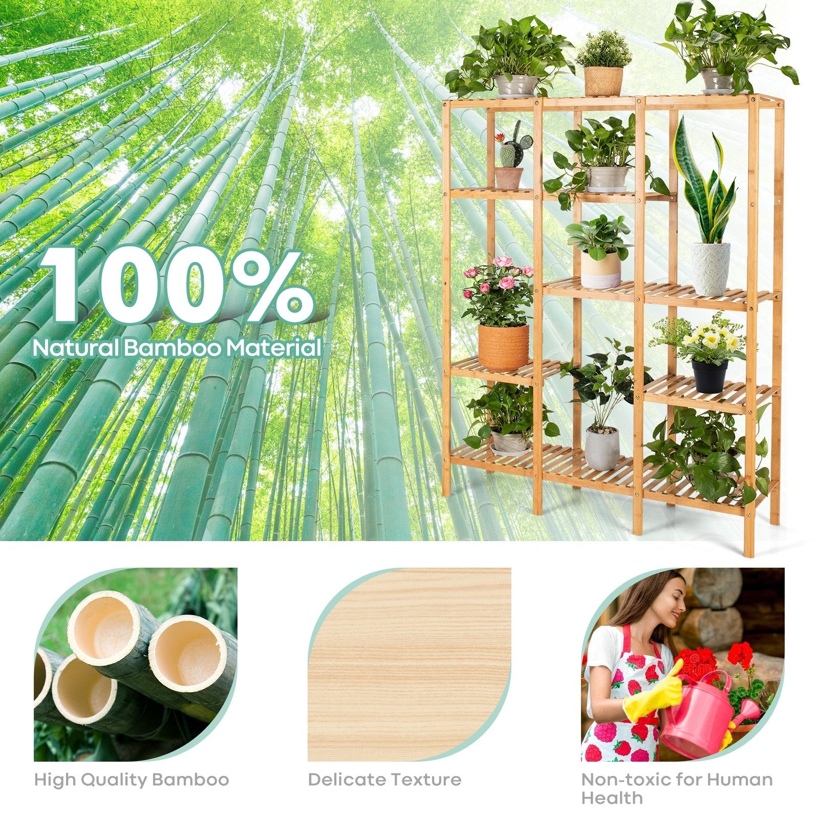 Multifunctional Bamboo Shelf Storage Organizer Rack, Natural Plant Stands   at Gallery Canada