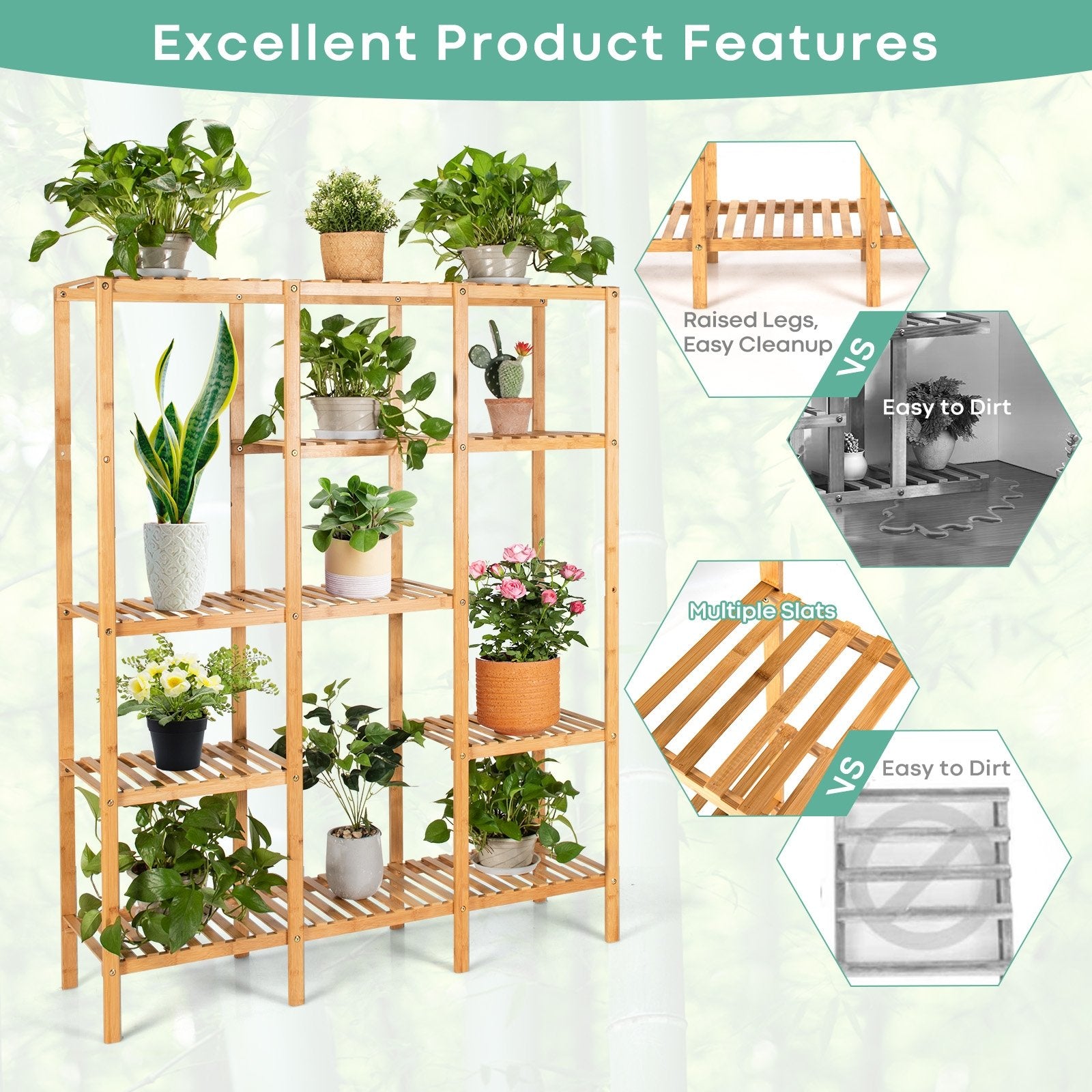 Multifunctional Bamboo Shelf Storage Organizer Rack, Natural Plant Stands   at Gallery Canada