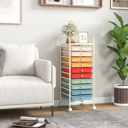 10 Drawer Rolling Storage Cart Organizer with 4 Universal Casters, Macaron Multicolor