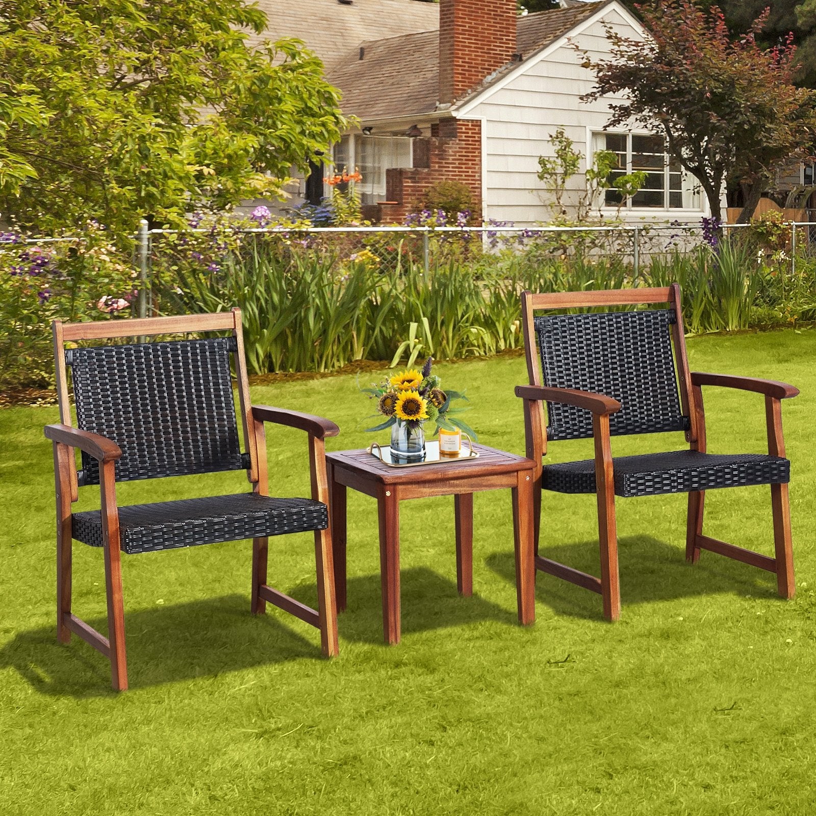 3 Pieces Rattan Bistro Set with Acacia Wood Frame for Garden, Brown Patio Conversation Sets   at Gallery Canada