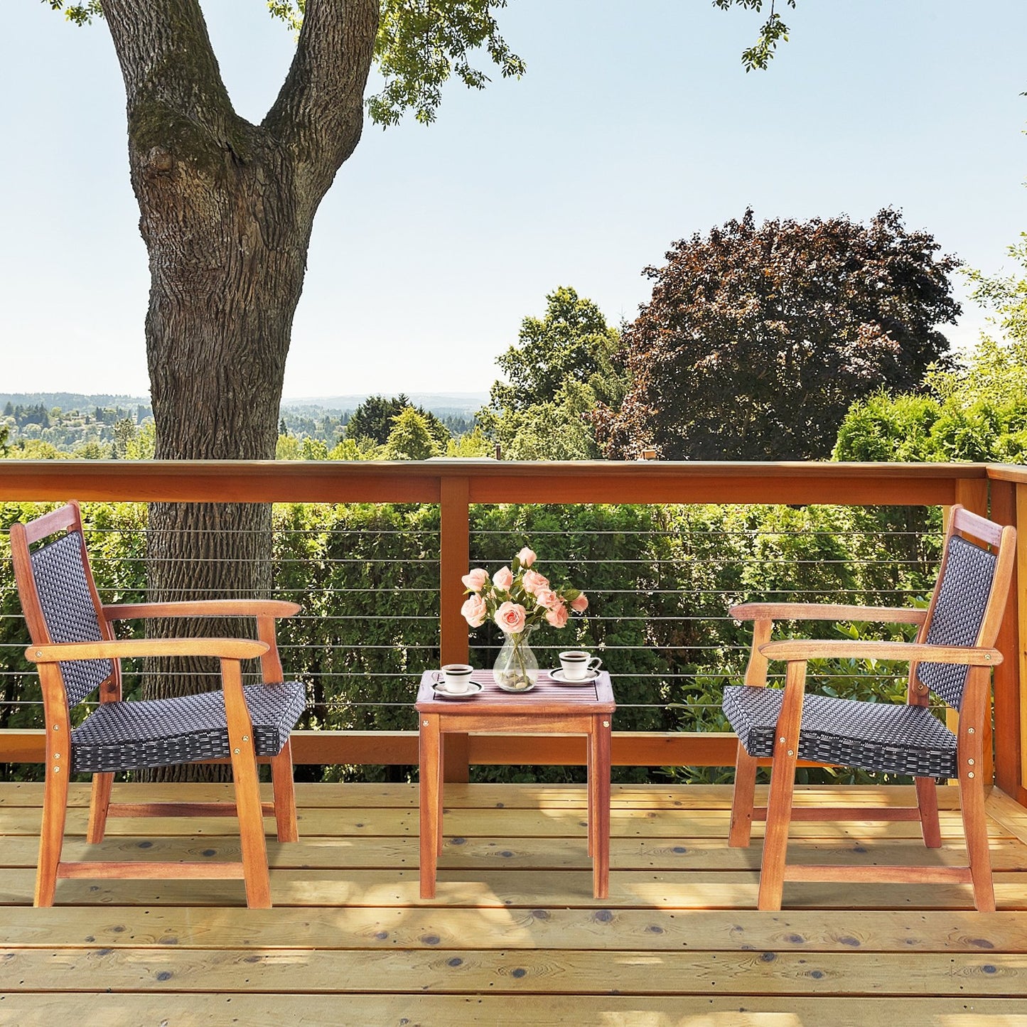 3 Pieces Rattan Bistro Set with Acacia Wood Frame for Garden, Brown Patio Conversation Sets   at Gallery Canada