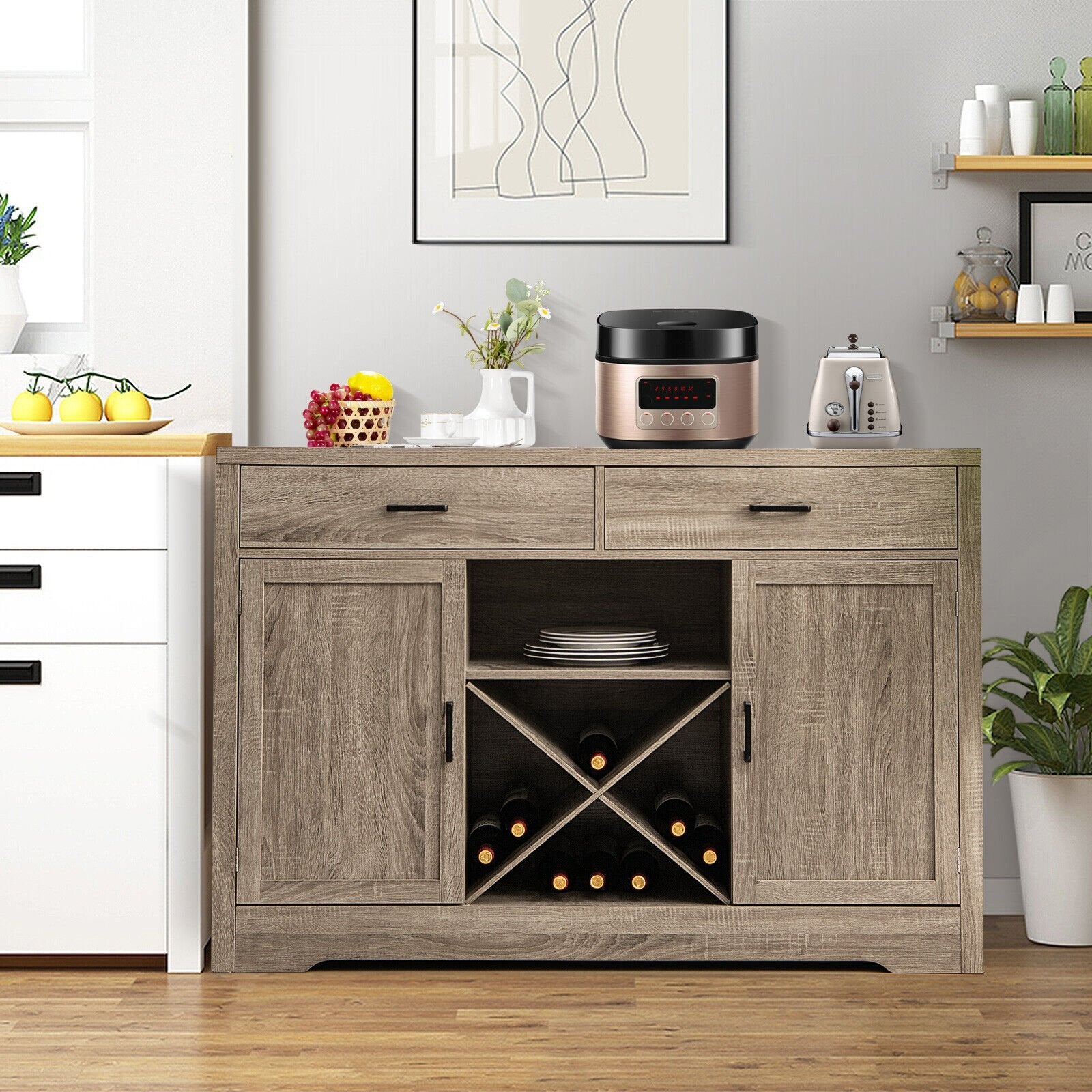 Wooden Buffet Cabinet with 2 Large Storage Drawers and Detachable Wine Rack, Walnut Sideboards Cabinets & Buffets   at Gallery Canada