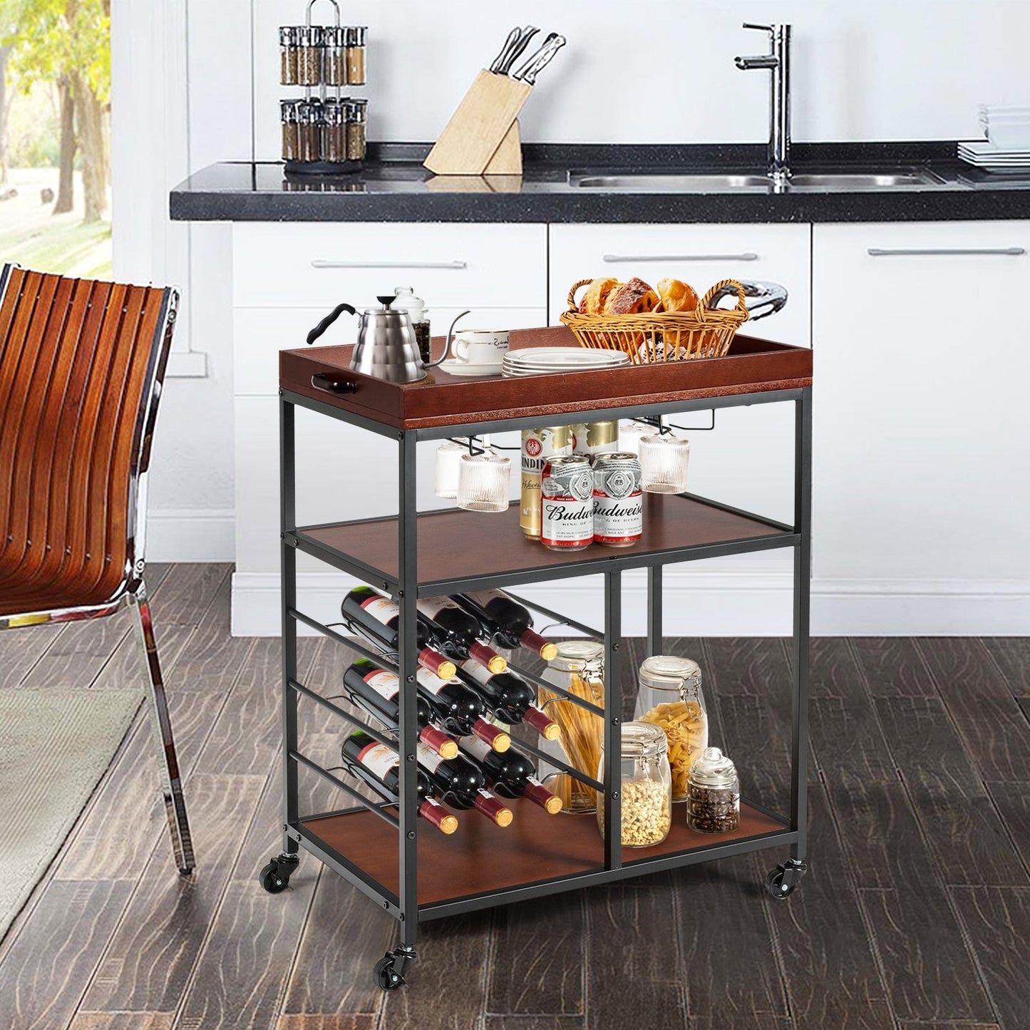 3 Tiers Storage Bar Serving Cart with Wine Rack, Brown Baker's Racks   at Gallery Canada