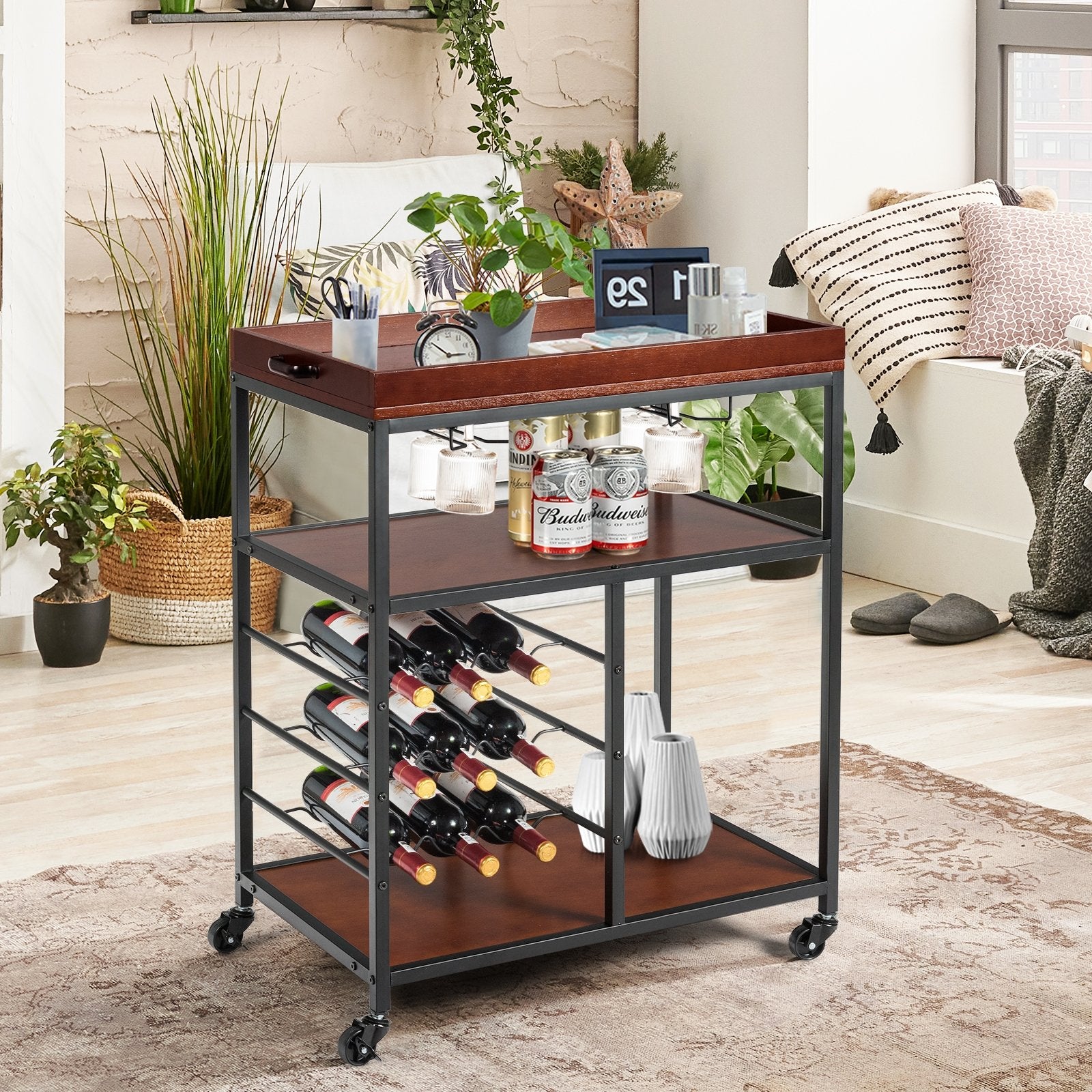 3 Tiers Storage Bar Serving Cart with Wine Rack, Brown Baker's Racks   at Gallery Canada