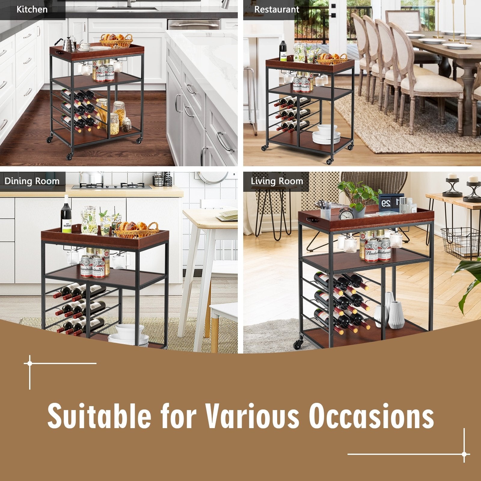 3 Tiers Storage Bar Serving Cart with Wine Rack, Brown Baker's Racks   at Gallery Canada