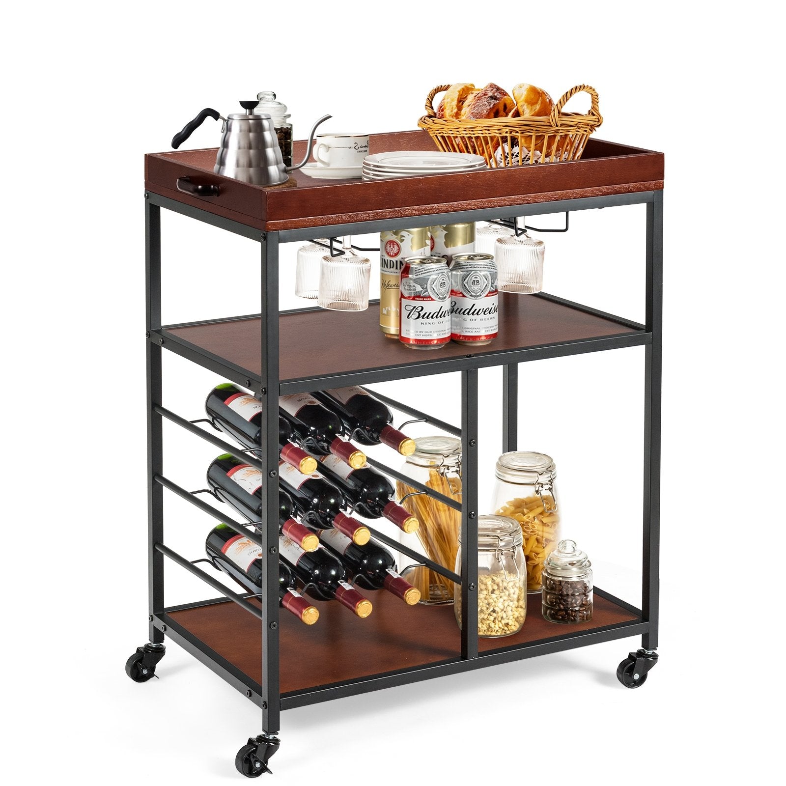 3 Tiers Storage Bar Serving Cart with Wine Rack, Brown Baker's Racks   at Gallery Canada