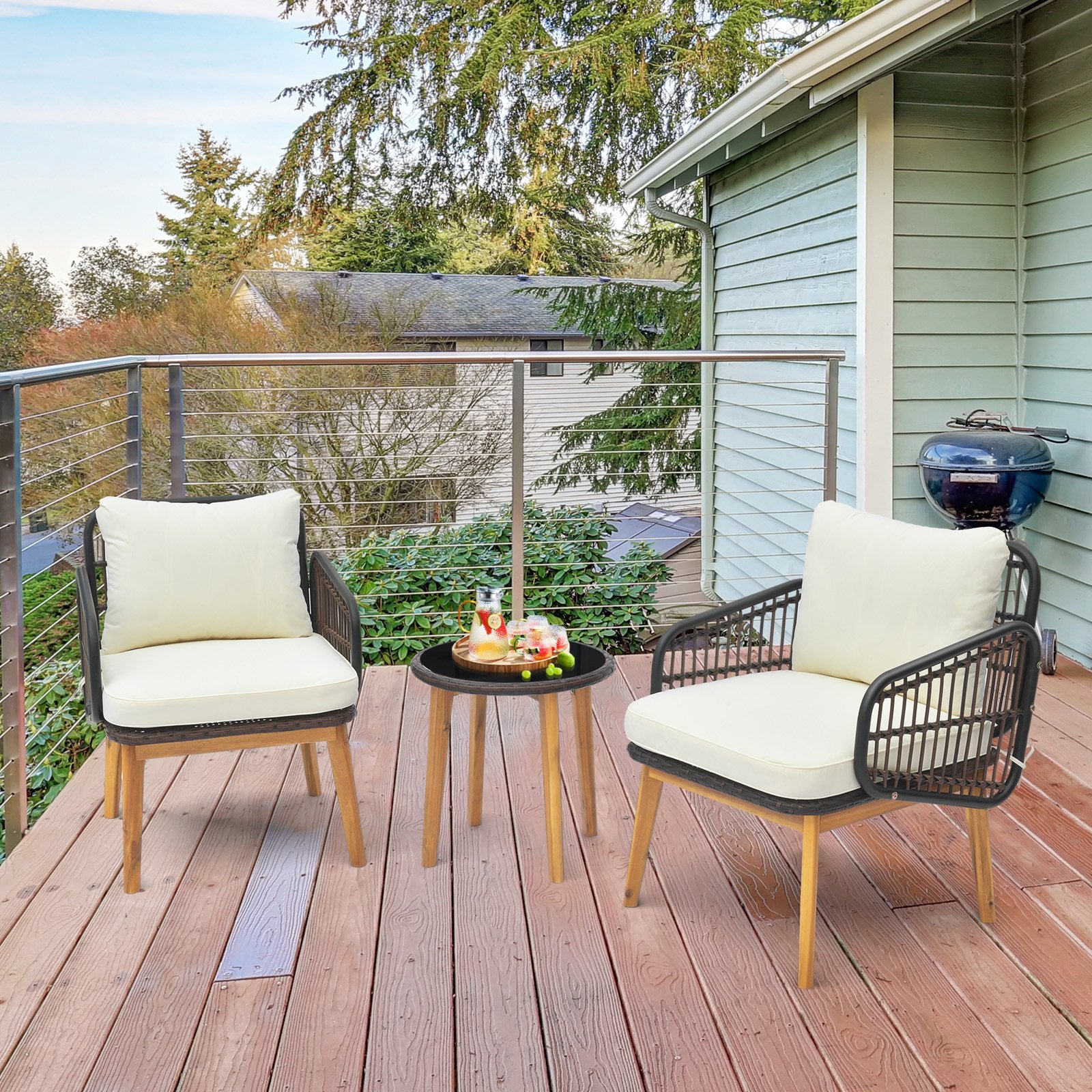 3 Pieces Patio Furniture Set with Cushioned Chairs and Tempered Glass Side Table, Black Patio Conversation Sets   at Gallery Canada