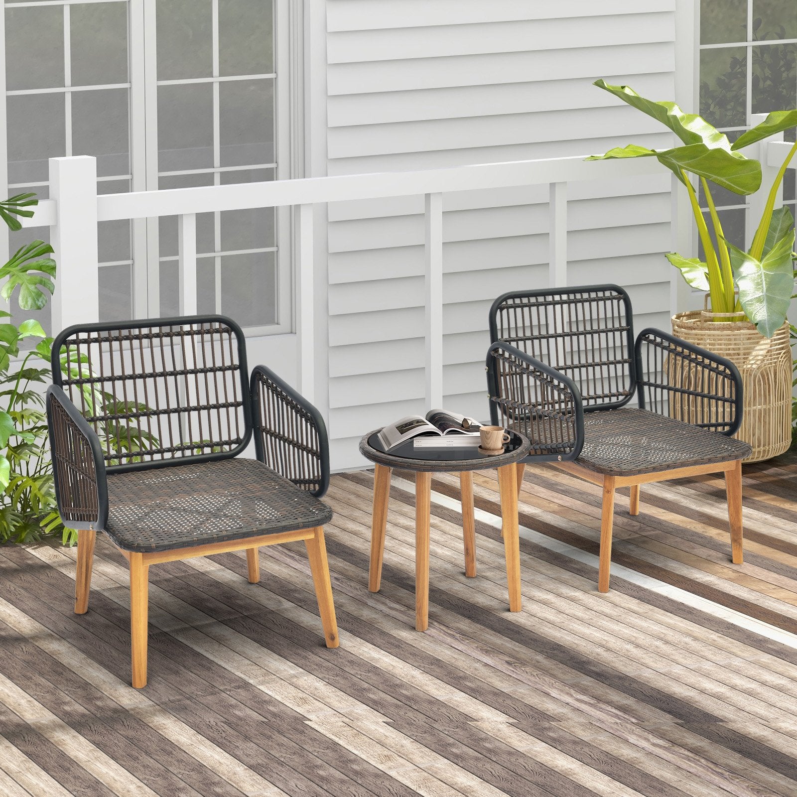 3 Pieces Patio Furniture Set with Cushioned Chairs and Tempered Glass Side Table, Black Patio Conversation Sets   at Gallery Canada