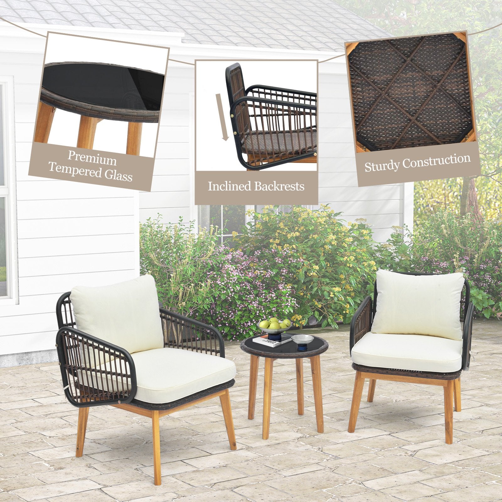 3 Pieces Patio Furniture Set with Cushioned Chairs and Tempered Glass Side Table, Black Patio Conversation Sets   at Gallery Canada