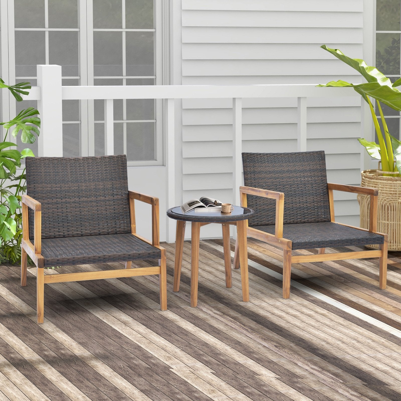 3 Pieces Patio Furniture Set with Cushioned Chairs and Tempered Glass Side Table, Brown Patio Conversation Sets   at Gallery Canada