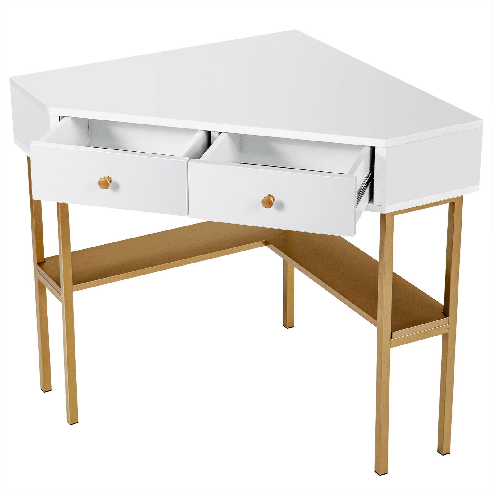 Space Saving Corner Computer Desk with 2 Large Drawers and Storage Shelf, Golden Corner Desks   at Gallery Canada