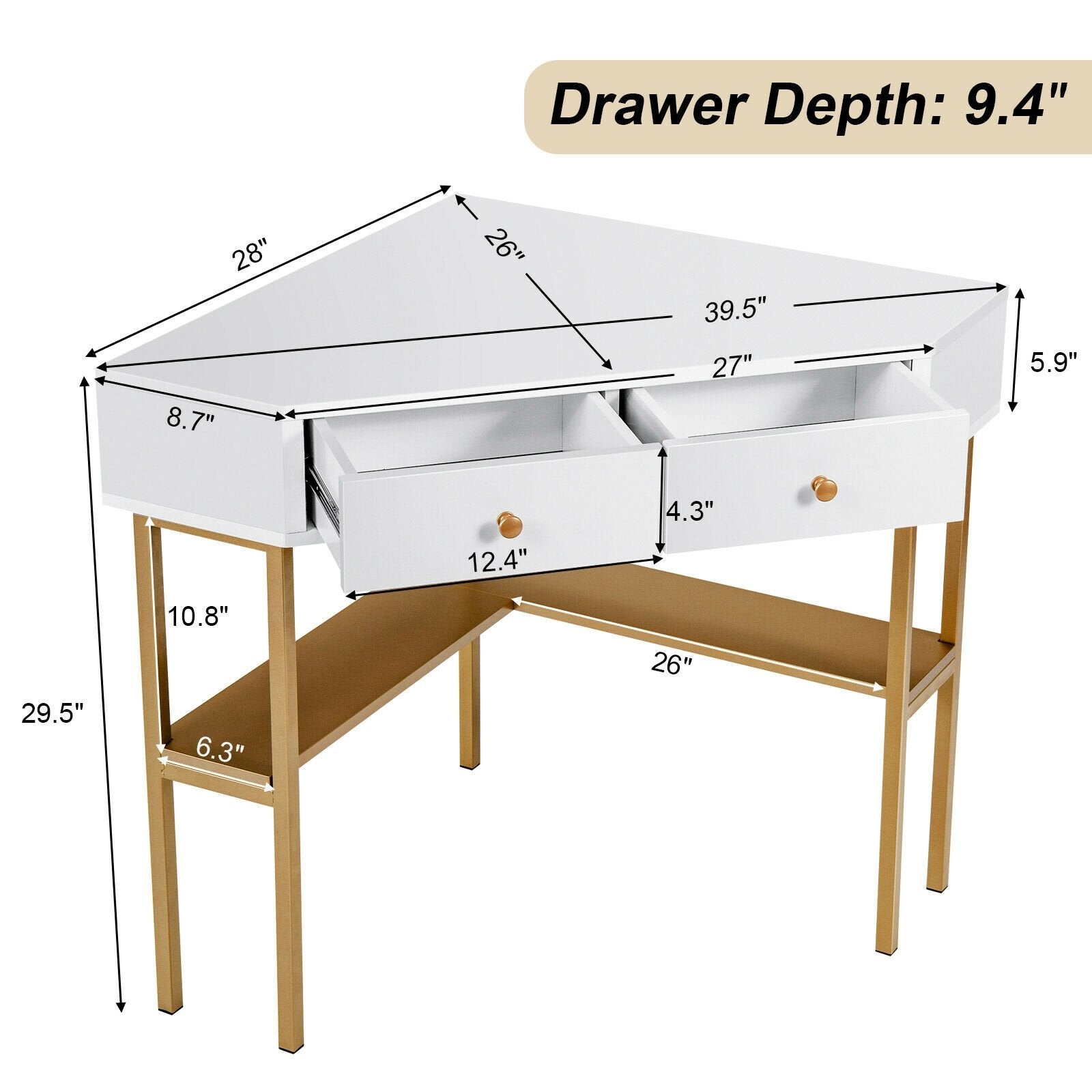 Space Saving Corner Computer Desk with 2 Large Drawers and Storage Shelf, Golden Corner Desks   at Gallery Canada