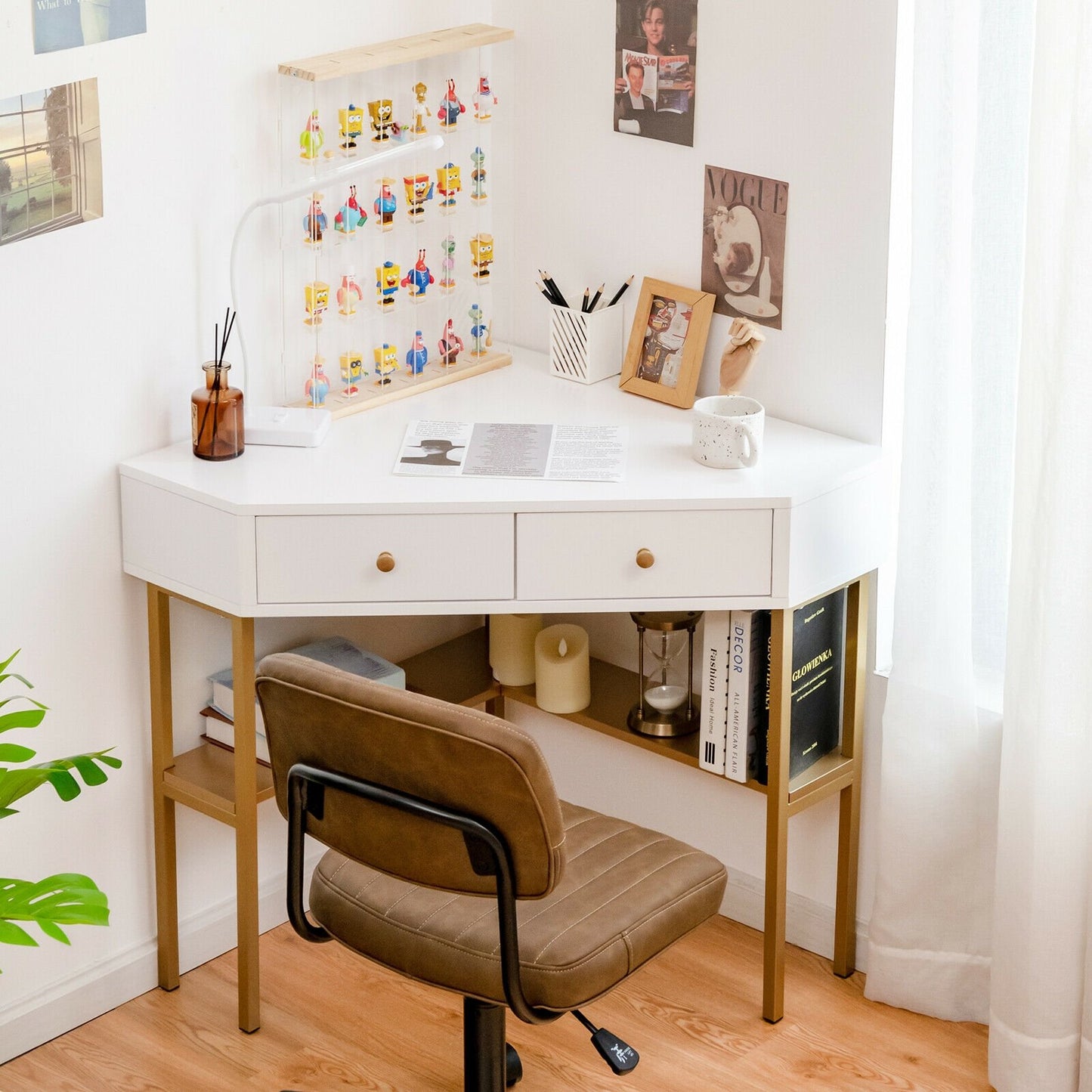 Space Saving Corner Computer Desk with 2 Large Drawers and Storage Shelf, Golden - Gallery Canada