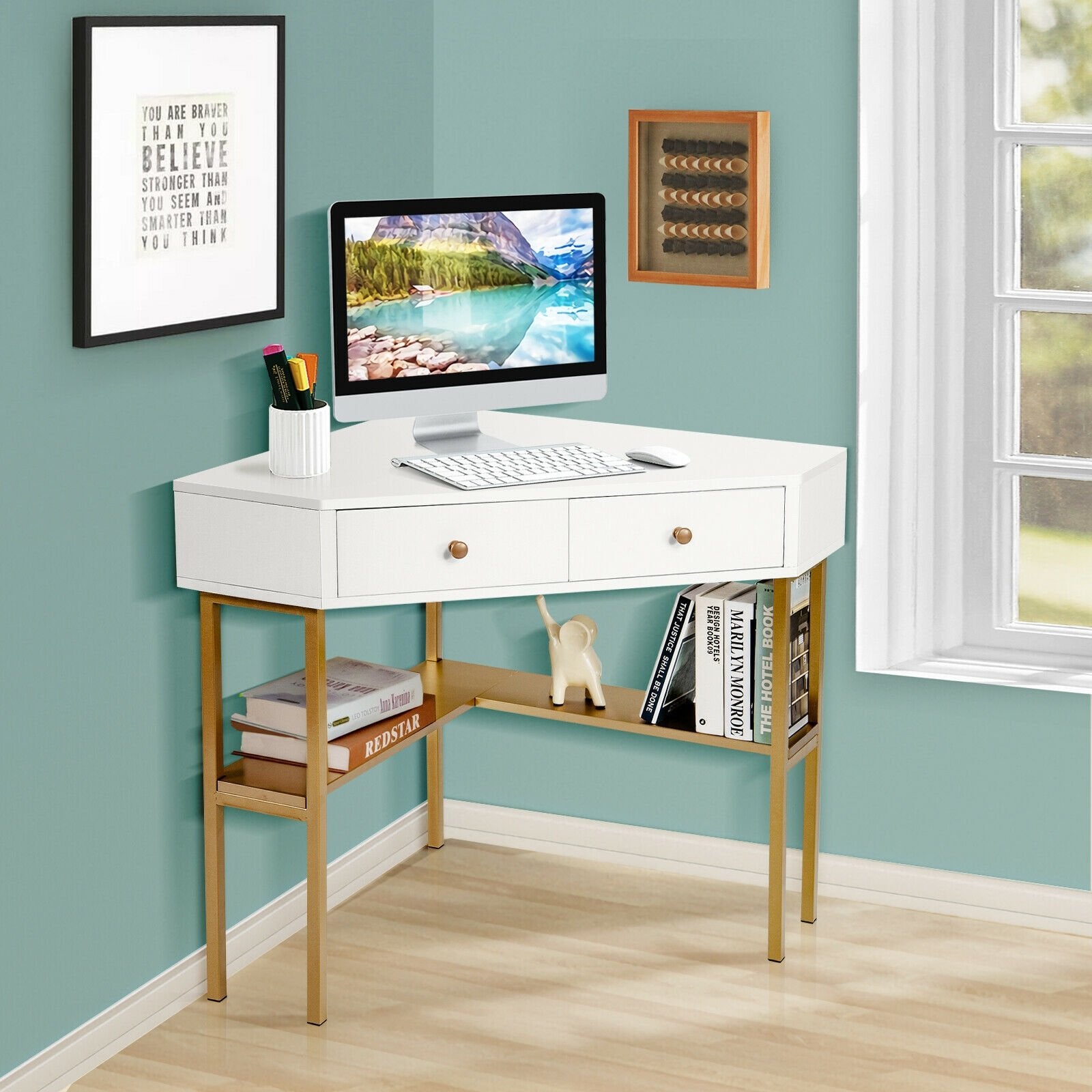 Space Saving Corner Computer Desk with 2 Large Drawers and Storage Shelf, Golden - Gallery Canada