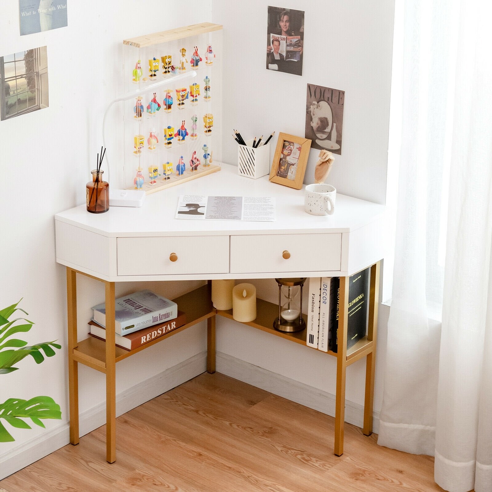 Space Saving Corner Computer Desk with 2 Large Drawers and Storage Shelf, Golden Corner Desks   at Gallery Canada