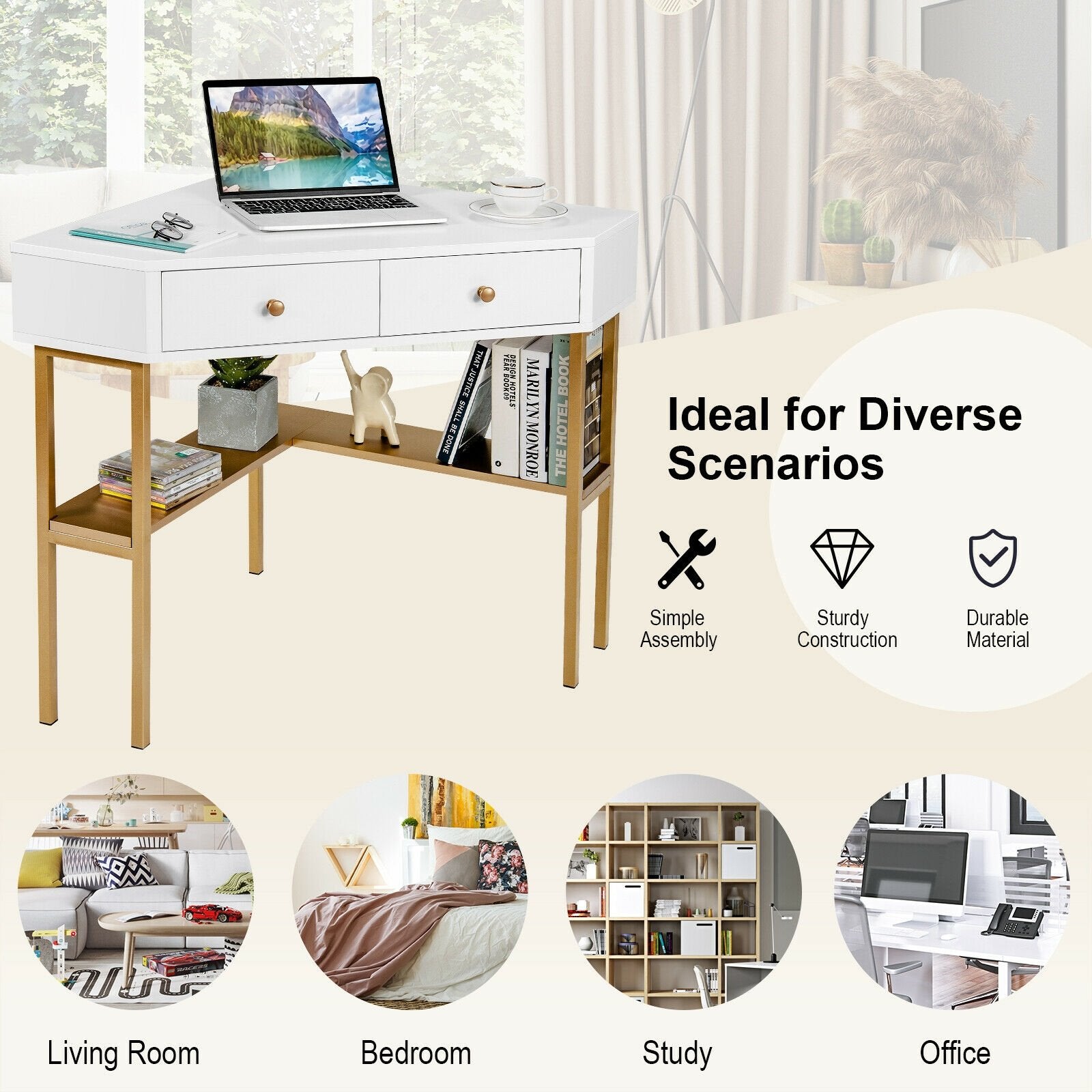 Space Saving Corner Computer Desk with 2 Large Drawers and Storage Shelf, Golden - Gallery Canada