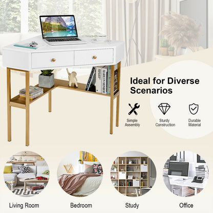 Space Saving Corner Computer Desk with 2 Large Drawers and Storage Shelf, Golden - Gallery Canada