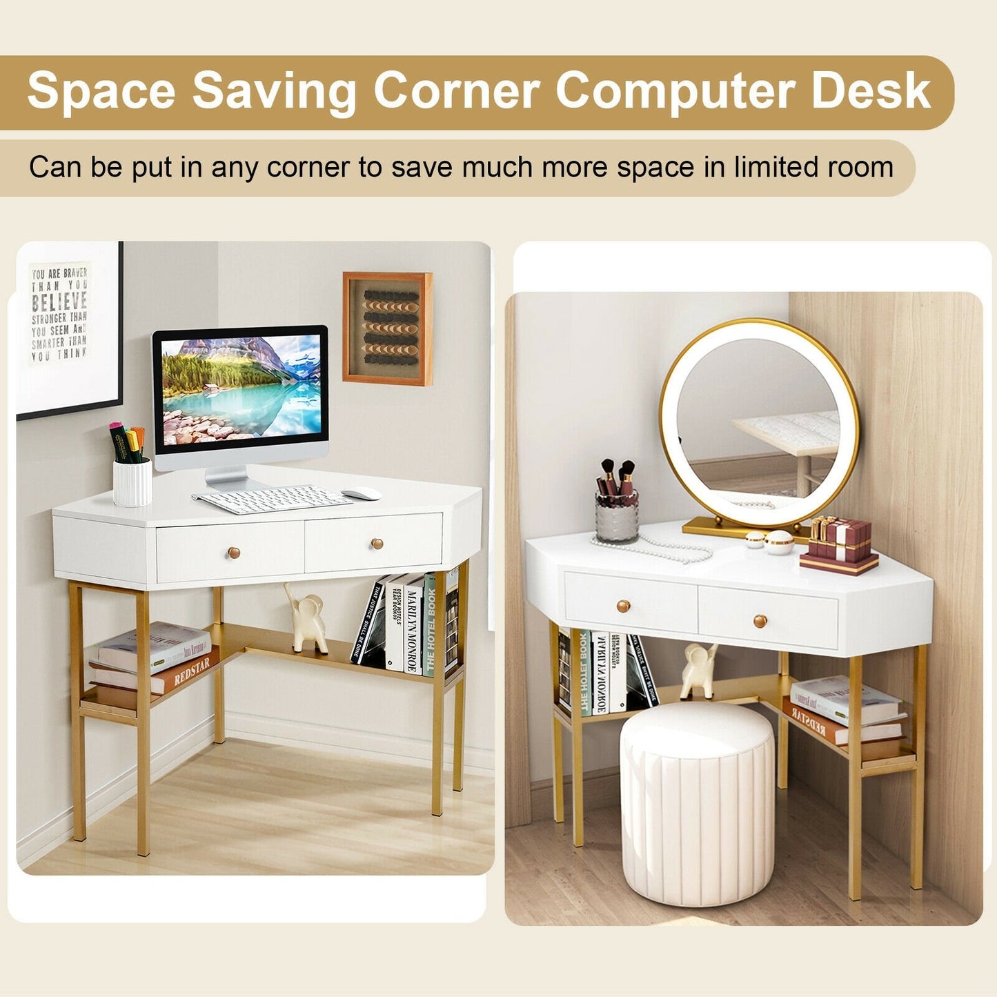 Space Saving Corner Computer Desk with 2 Large Drawers and Storage Shelf, Golden - Gallery Canada