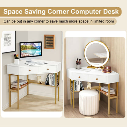 Space Saving Corner Computer Desk with 2 Large Drawers and Storage Shelf, Golden - Gallery Canada