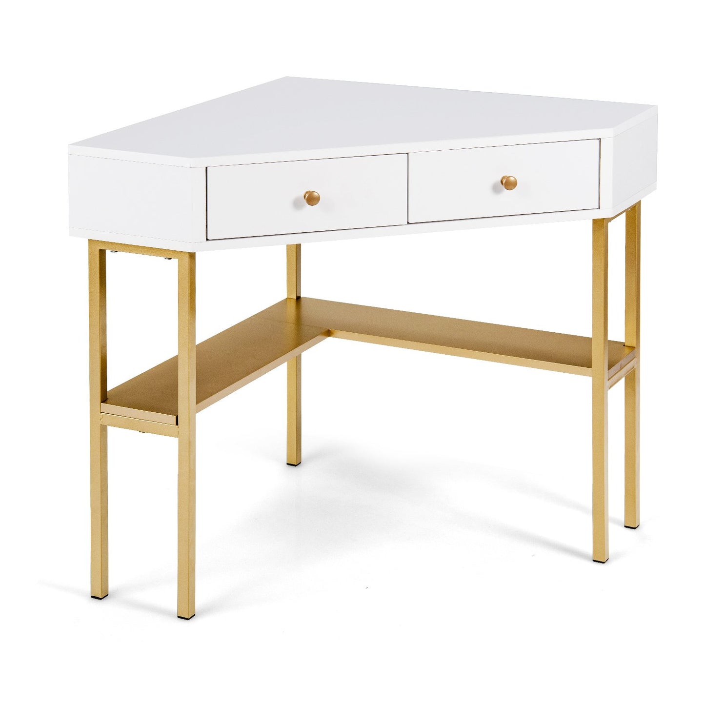 Space Saving Corner Computer Desk with 2 Large Drawers and Storage Shelf, Golden - Gallery Canada