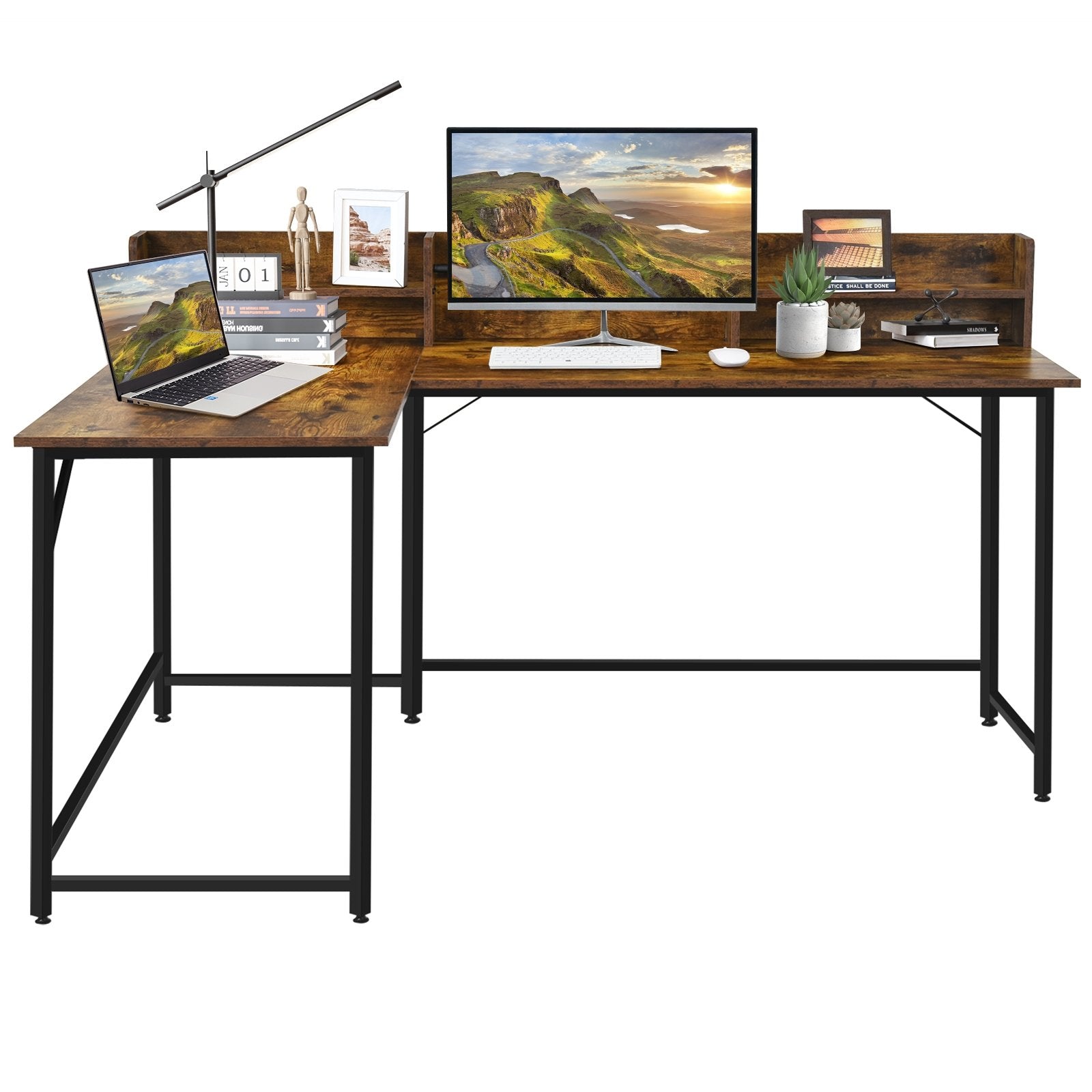 5.5 Inch L-shaped Computer Desk with Bookshelf, Rustic Brown L-Shaped Desks   at Gallery Canada