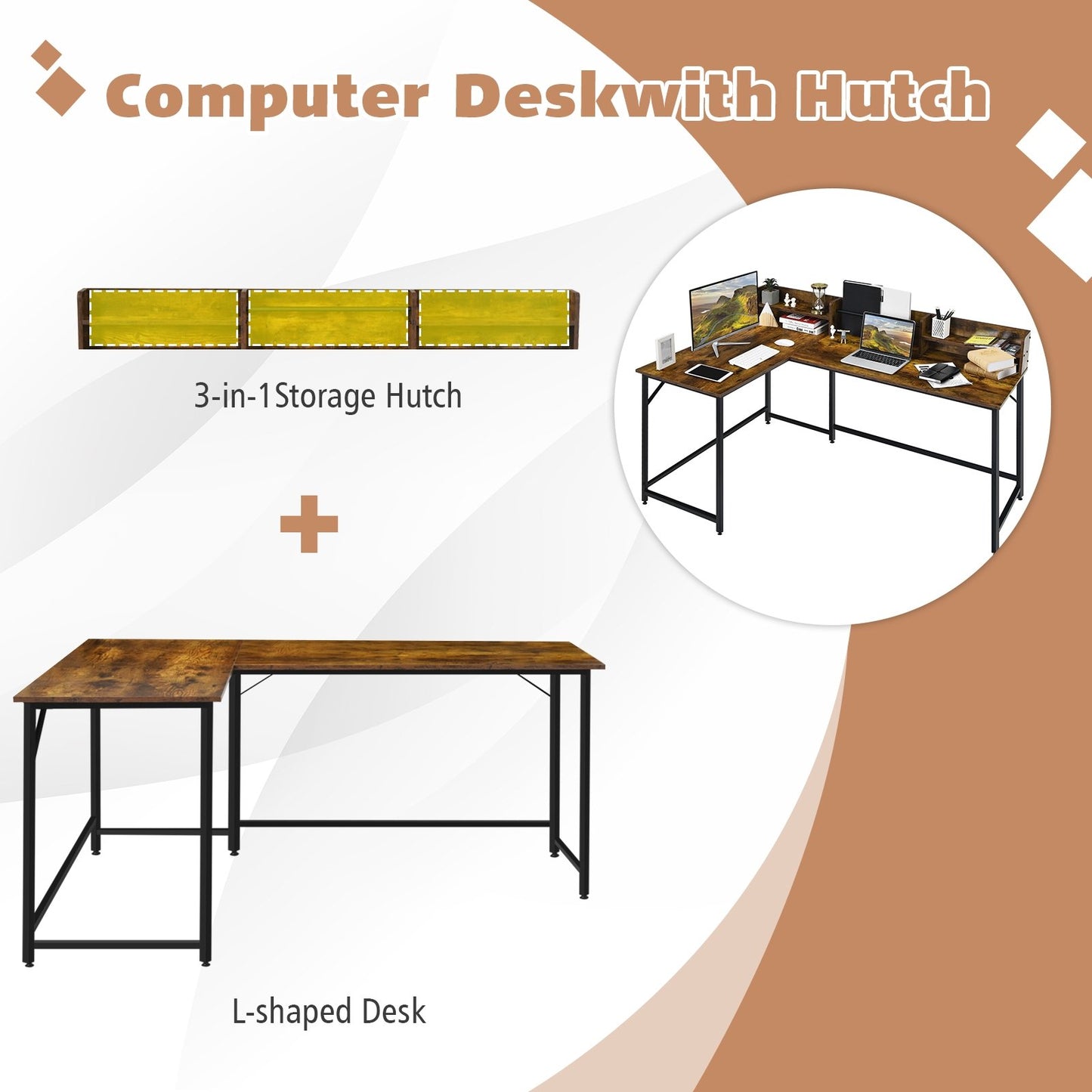 5.5 Inch L-shaped Computer Desk with Bookshelf, Rustic Brown L-Shaped Desks   at Gallery Canada