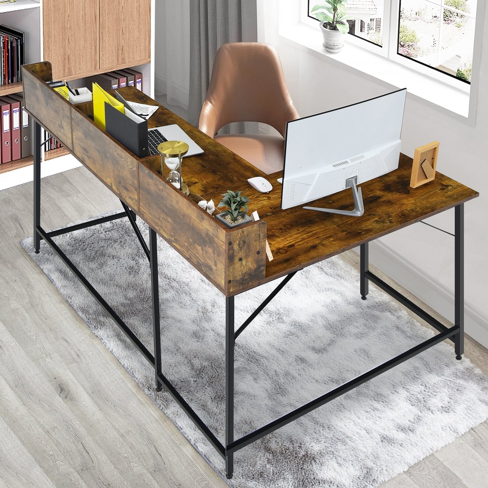 5.5 Inch L-shaped Computer Desk with Bookshelf, Rustic Brown L-Shaped Desks   at Gallery Canada