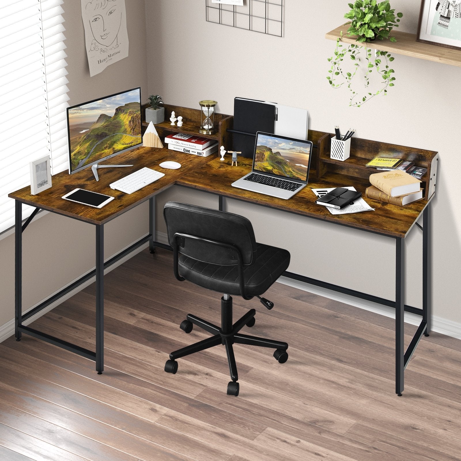 5.5 Inch L-shaped Computer Desk with Bookshelf, Rustic Brown L-Shaped Desks   at Gallery Canada