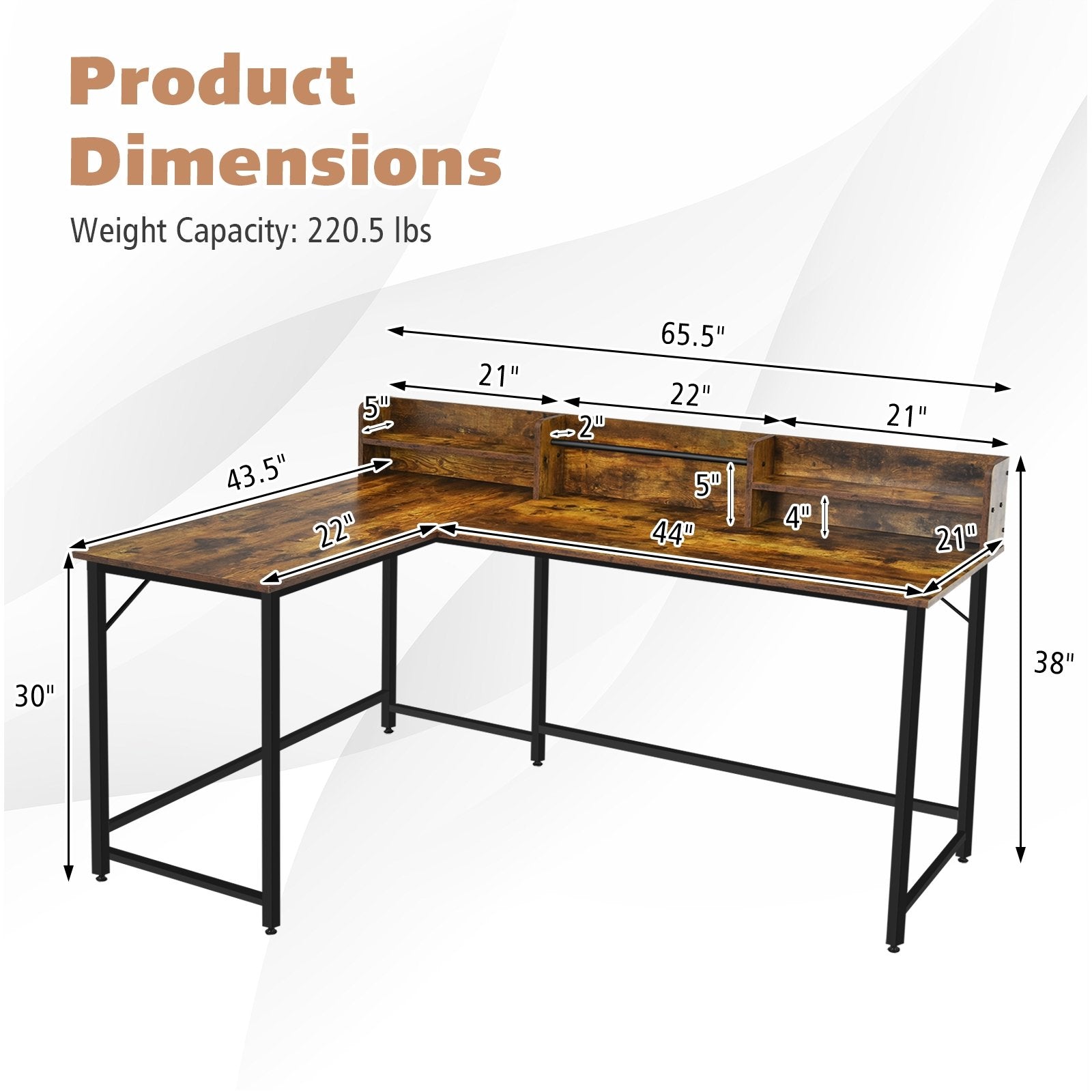 5.5 Inch L-shaped Computer Desk with Bookshelf, Rustic Brown L-Shaped Desks   at Gallery Canada