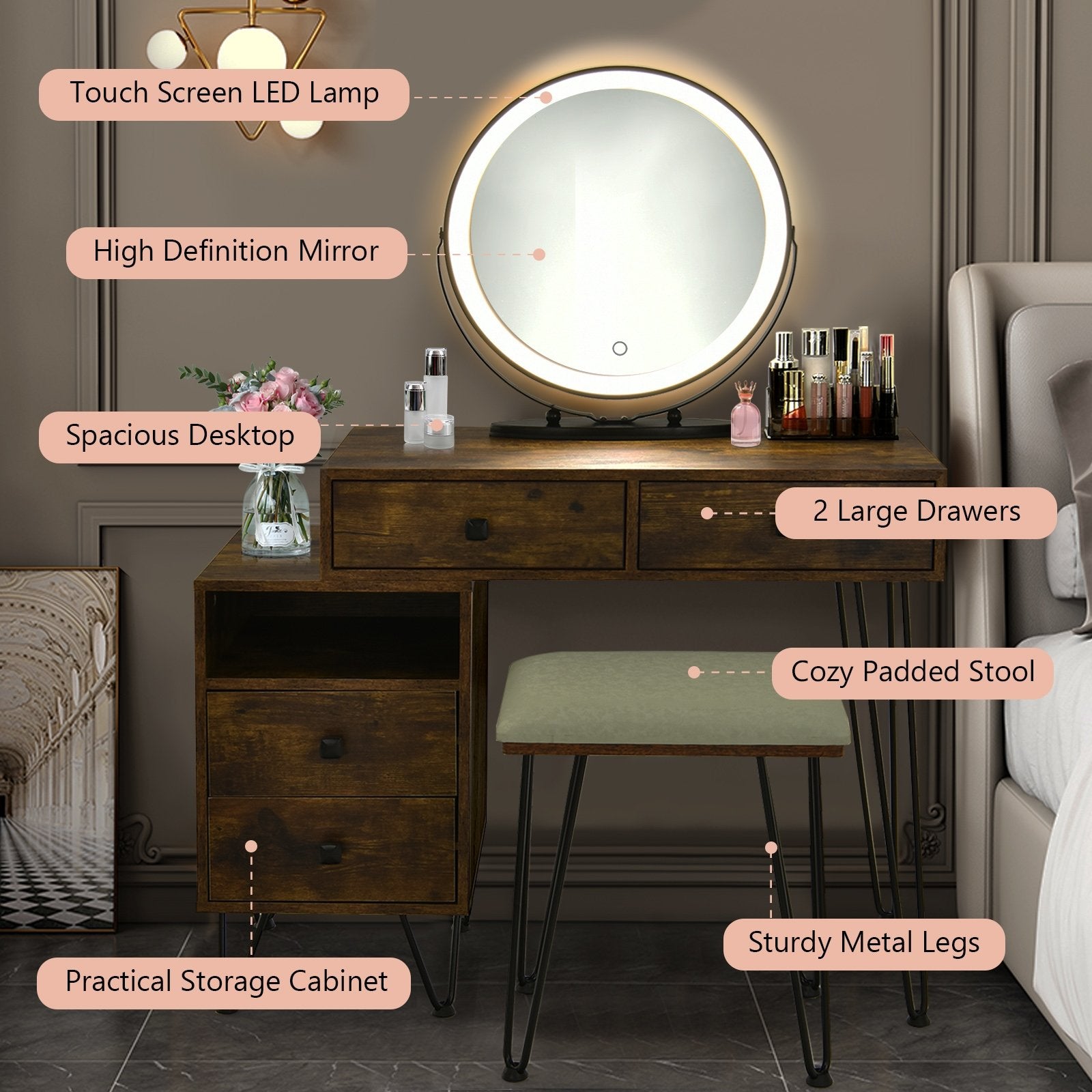 Modern Dressing Table with Storage Cabinet, Rustic Brown Makeup Vanities   at Gallery Canada