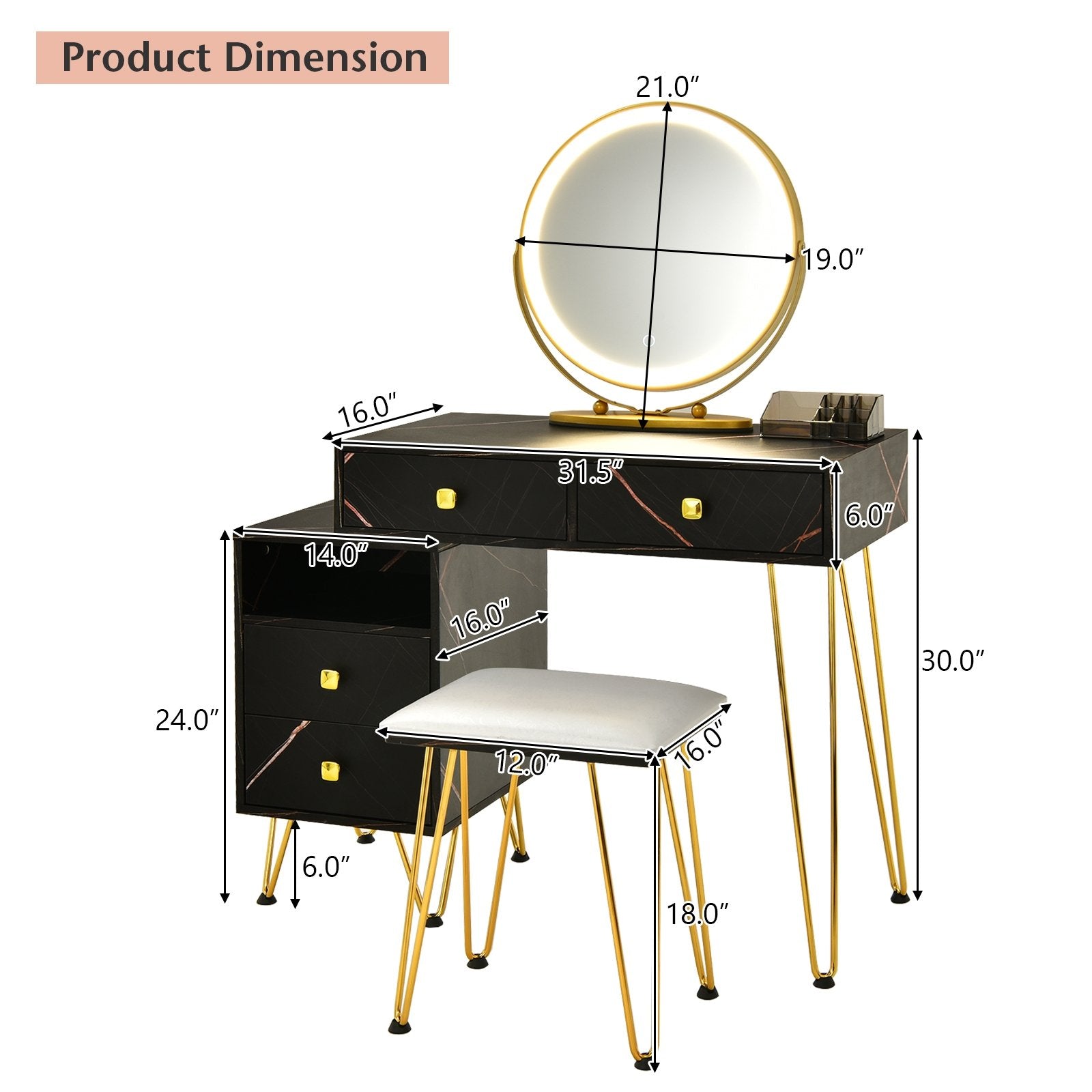 Modern Dressing Table with Storage Cabinet, Black Makeup Vanities   at Gallery Canada