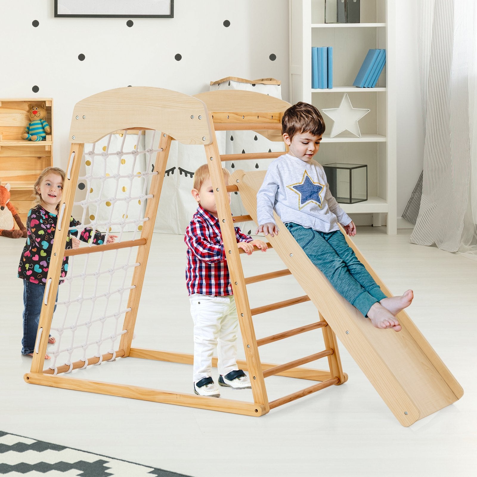 6-in-1 Jungle Gym Wooden Indoor Playground with Double-Sided Ramp and Monkey Bars, Natural - Gallery Canada