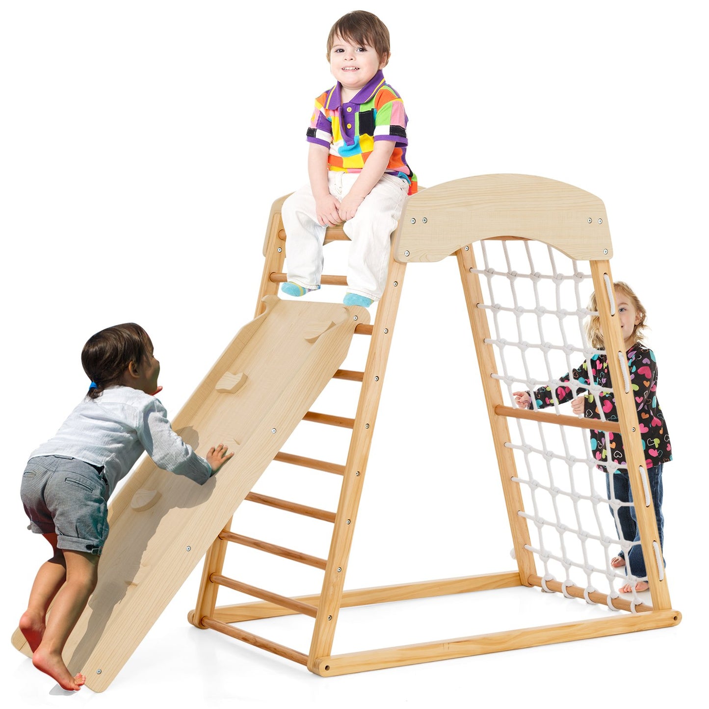 6-in-1 Jungle Gym Wooden Indoor Playground with Double-Sided Ramp and Monkey Bars, Natural Climbers & Slides   at Gallery Canada