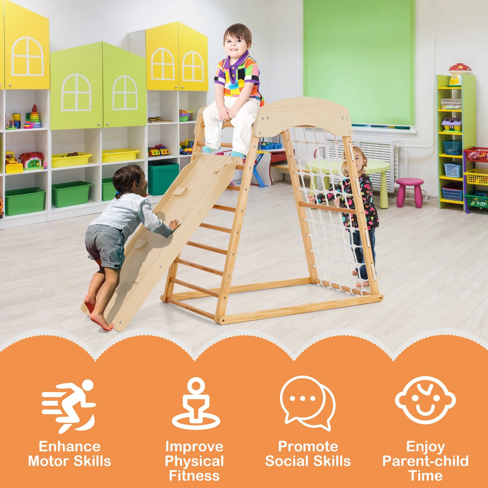 6-in-1 Jungle Gym Wooden Indoor Playground with Double-Sided Ramp and Monkey Bars, Natural - Gallery Canada