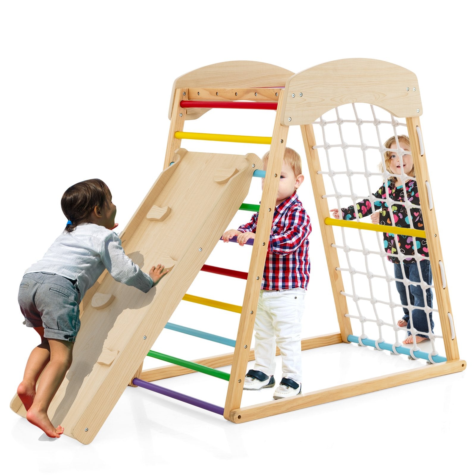 6-in-1 Jungle Gym Wooden Indoor Playground with Double-Sided Ramp and Monkey Bars, Multicolor Climbers & Slides   at Gallery Canada