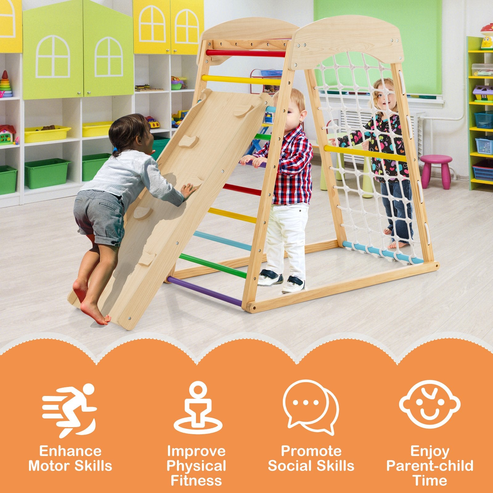 6-in-1 Jungle Gym Wooden Indoor Playground with Double-Sided Ramp and Monkey Bars, Multicolor Climbers & Slides   at Gallery Canada