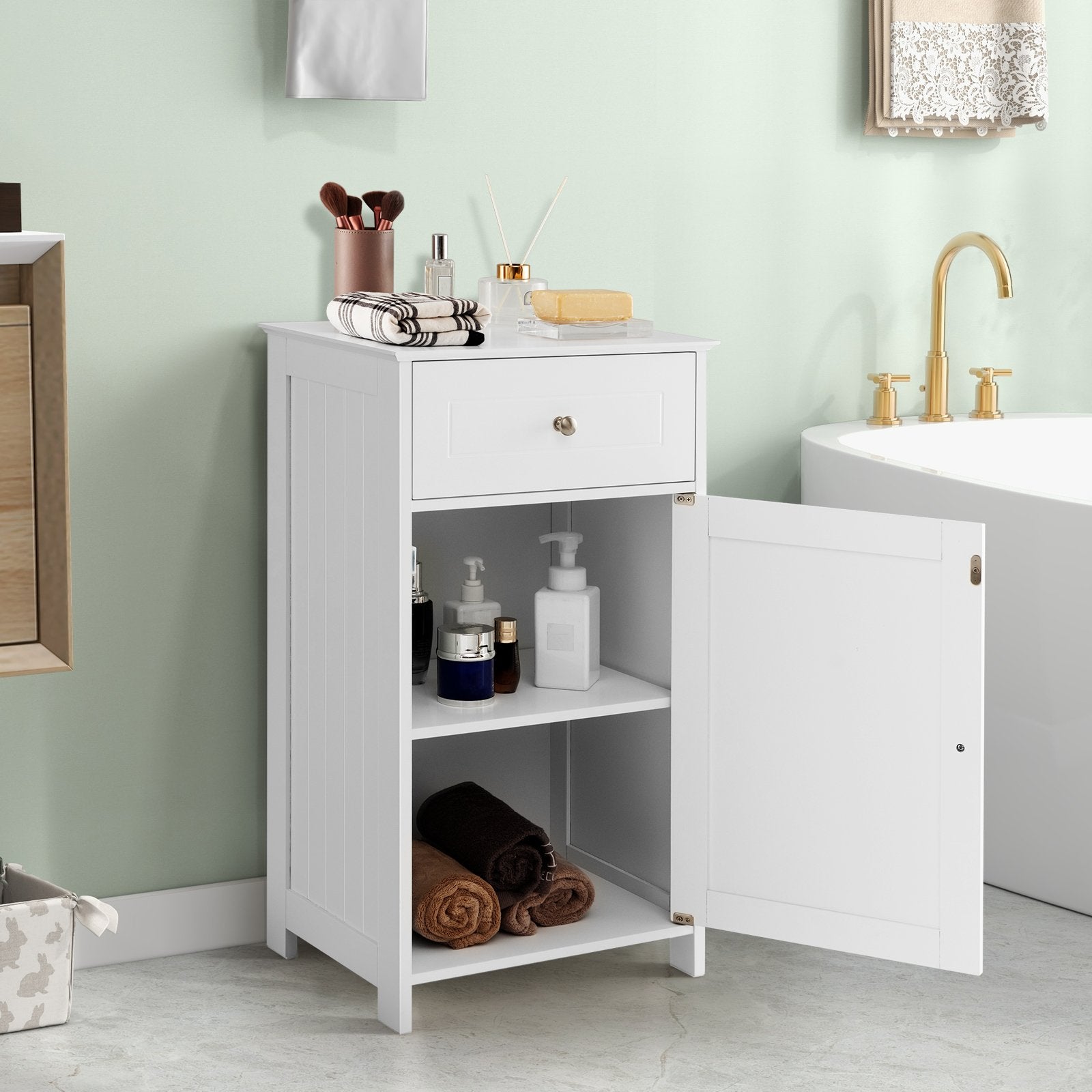 Single Door Bathroom Cabinet with Adjustable Shelf and Drawer, White Floor Cabinets   at Gallery Canada