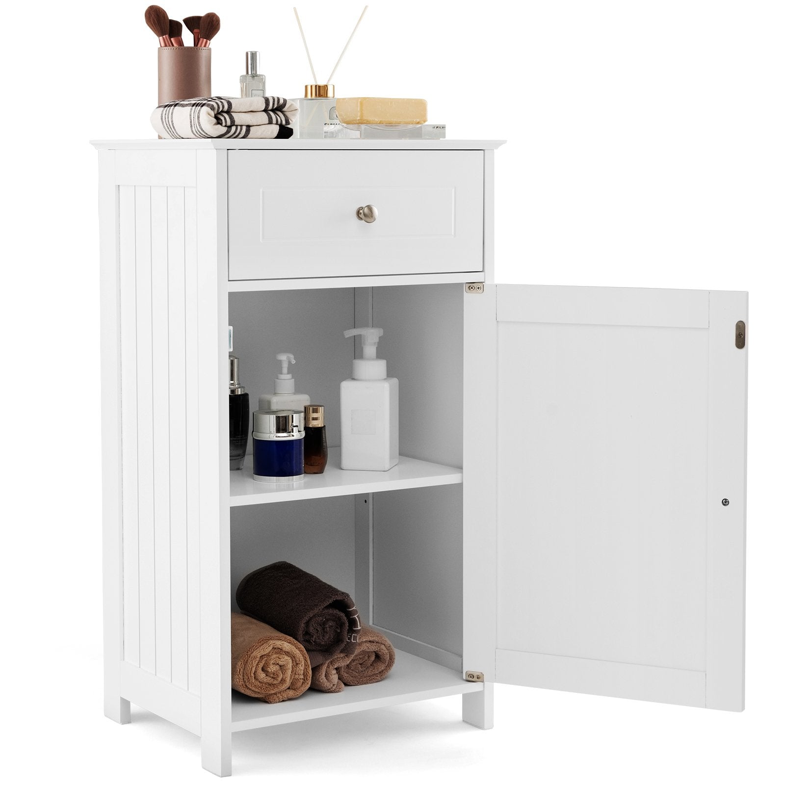 Single Door Bathroom Cabinet with Adjustable Shelf and Drawer, White Floor Cabinets   at Gallery Canada